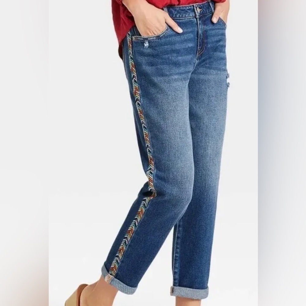 Knox Rose Midrise Straight Leg Blue Cotton Embroidered Side Striped Jeans Size 4